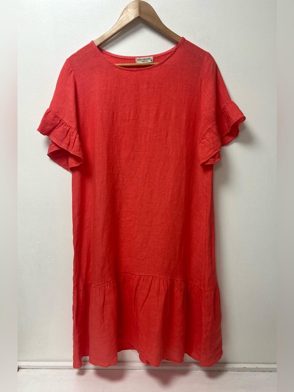 Terzo‎ Millennio 100% Linen Coral Ruffle Sleeve Dress Size M Made in Italy
